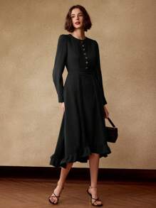 MOTF PREMIUM ROBE MIDI À VOLANTS ASYMÉTRIQUE À MANCHES LONGUES ET UNIE - Noir - Voir 2