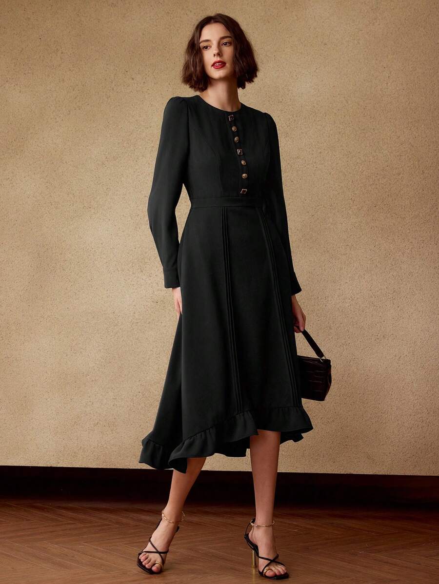 MOTF PREMIUM ROBE MIDI À VOLANTS ASYMÉTRIQUE À MANCHES LONGUES ET UNIE