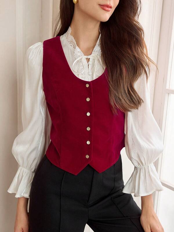 Vintamour Women's Elegant Retro Velvet V-Neck Sleeveless Vest, Metal Button Decorated Casual Work Suit Jacket For Parties Thanksgiving Women Outfit Fall Clothes Red Top Christmas Women Tops Thanksgiving Outfit Thanksgiving Shirt Christmas Women Shirts Christmas Women Clothes Women Vest Concert Women Outfit Button Up Women Shirt Winter Women Casual Women Tops Winter Women Jacket Fall Women Outfits