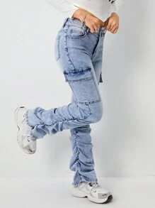 Jeans acampanados de mezclilla desgastada con pliegues y bolsillos con solapa, denim superpuesto, de moda Y2K para niñas - Azul lavado medio - Ver 8