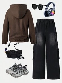 مجموعة ملابس علوية مطرز بقلنسوة وبنطلون كارجو فضفاض للمراهقين الشبان موضة الشتاء، 2 قطعة - متعدد الألوان - مشاهدة 2