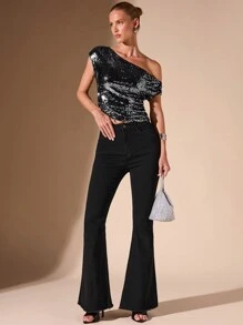 SHEIN BAE 1pc Women Minimalist Sexy Asymmetric Shoulder Top, Metallic Sequin Embellishment Slanted Hem, For Party Season, Autumn/Winter