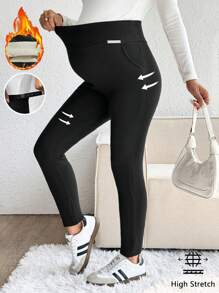 SHEIN Metallic Sticker Maternity Elastic Waist Slimming Leggings - Black - View 3