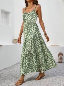 Breezaya Summer Vacation Printed Strapless Sleeveless Long Spaghetti Strap Dress For Women Maxi Vacation Beach Outfit - Green - View 5