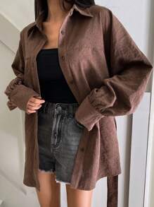 DAZY 1pc Women Solid Color Loose Fit Long Sleeve Shirt With Belt,Fall Clothes - Brown - View 6