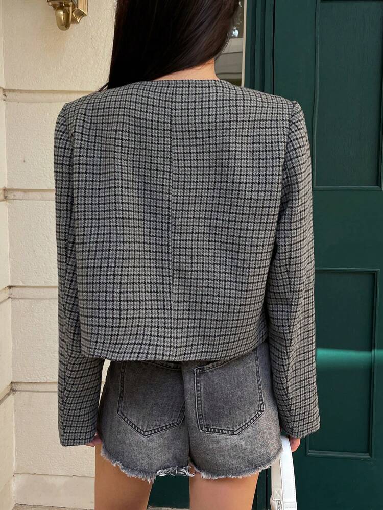 Fine Plaid Pattern Long Sleeve Crew Neck Fitted Ladies Jacket,Fall Women Clothes