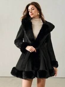 Anewsta Women's Thick Fluffy Trim Fluffy Fuzzy Banded Waist Jacket - Black - View 4