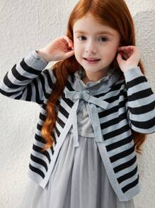 Blossori 秋冬季年轻女孩休闲拼色条纹开衫 - 灰色 - 查看 5