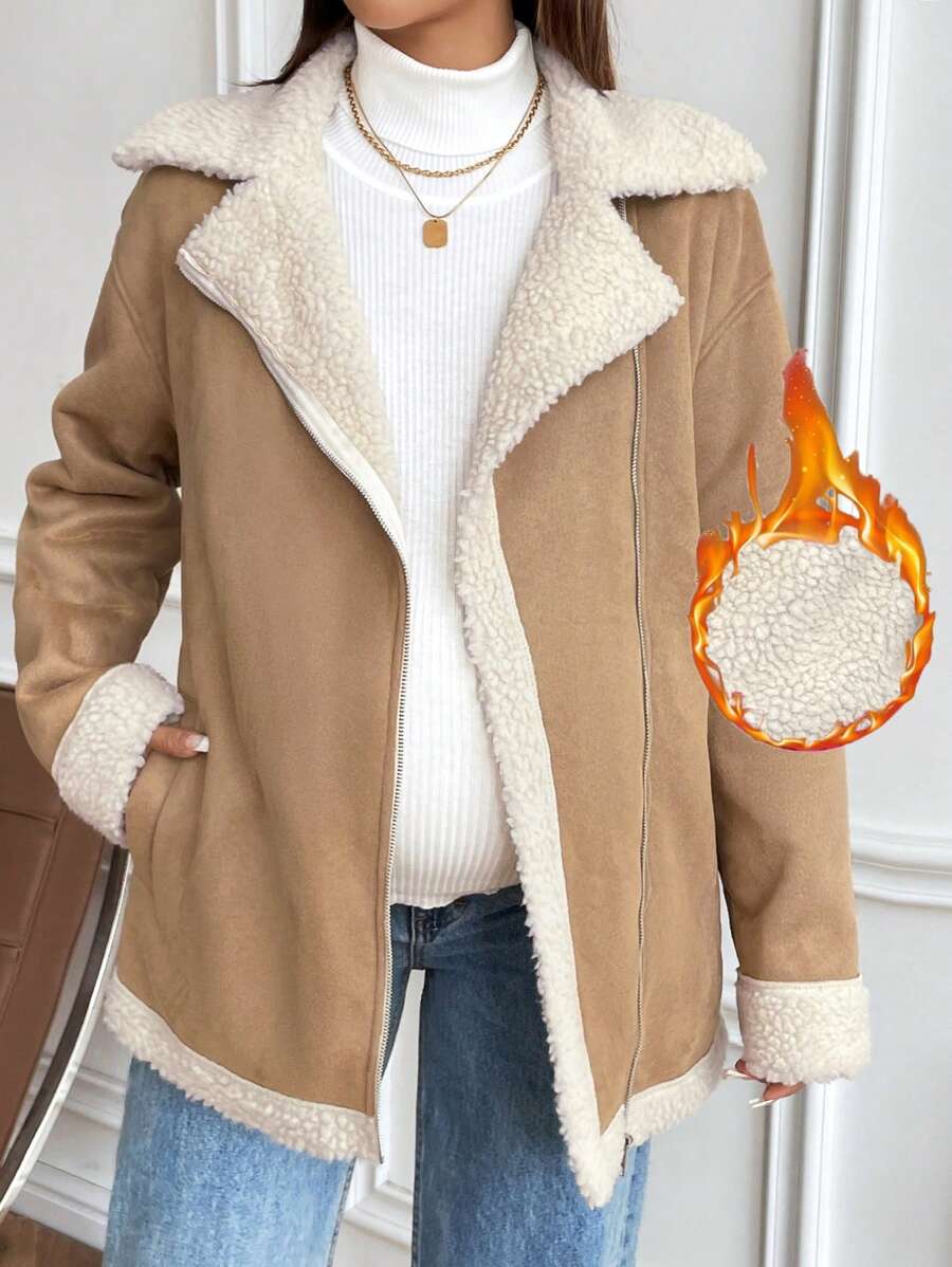 SHEIN Giacca premaman invernale in velluto colorblocco con tasche e cerniera, maniche lunghe - Cachi - Visualizzare 1