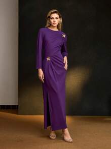 MOTF PREMIUM METAL FLORAL PATCHED RUCHED SPLIT SIDE DRESS