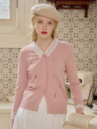 Simple Retro Women's Autumn And Winter Lace Splicing V-Neck Three-Dimensional Flowers Pink Elegant Retro Elegant Loose Long-Sleeved Casual Cardigan