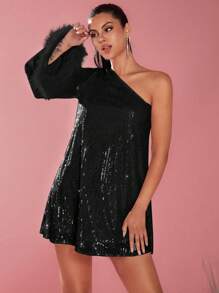 Glamine Vestido corto casual de manga larga con hombros oblicuos y paneles esponjosos para mujer, para fiestas y vacaciones. Atuendo de mujer con lentejuelas