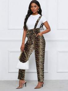 Zolique Mono para mujer con estampado de leopardo, cintura anudada y bolsillos