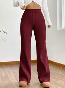 SHEIN EZwear Quần len ống loe cạp cao màu trơn cỡ lớn cho nữ, mùa thu/đông - Màu Đỏ Sâu - Xem 5