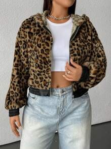 SHEIN EZwear Große Größen Leopard Muster Kurze Flauschige Sweatshirt, Herbst/Winter