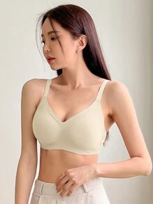 DAZY 1 pieza Sujetador sin costuras cómodo de unicolor con tirantes de espagueti, ropa interior para mujeres de vuelta al colegio - Blanco - Ver 4