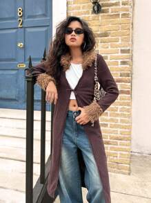 SHEIN Teen Girls Elegant Vintage Ribbed Solid Color Coat, Fitted Fluffy Collar, Suitable For Daily Wear, Jacket, Fall Season