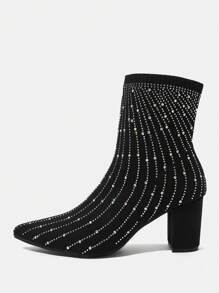 CUCCOO TILAWA Rhinestone Embellished Pointed Toe Fashionable Mid-Calf Boots For Christmas And New Year Holiday Valentines - Black - View 3