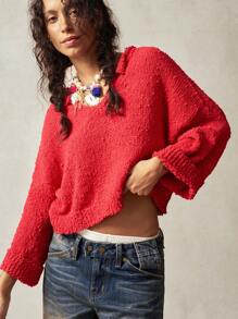 Bohemela Vacation Loose V-Neck Solid Color Dropped Shoulder Long Sleeve Sweater For Women
