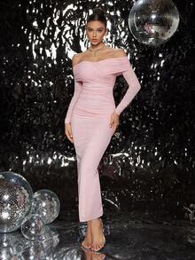 性感闪亮褶饰露肩修身长袖派对礼服、婚礼宾客礼服、正式礼服、晚礼服、长袍 - 粉色 - 查看 3