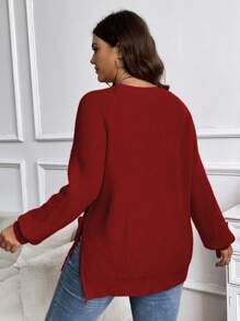 SHEIN LUNE Plus Size Women Christmas Fall Red Knitted Crew Neck Side Slit Bowknot Minimalist Sweater, Suitable For Halloween, Christmas, Valentine's Day, Thanksgiving, Easter, National Day, New Year Eve Parties For New Year Clothes, For Winter