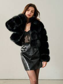 SHEIN X Phaith Montoya Anewsta Autumn Winter New Arrival Elegant Lady Faux Fox Fur Jacket, Fashionable Fur Coat For Women - Black - View 7