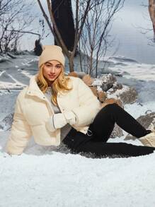 SHEIN EZwear Women's Casual Zip-Up Stand Collar Padded Padded Coat, Suitable For Holiday And Everyday Use - White - View 4