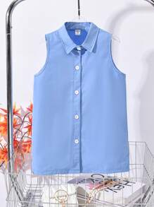 SHEIN 2pcs Tween Girls Long Sleeve Crop Sweatshirt Matched With Light Blue Shirt - Blue - View 7