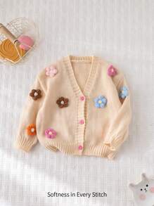 Cozy Pixies Baby Girl 3D Floral Soft Knitted Cardigan, Casual And Versatile, Suitable For Autumn/Winter
