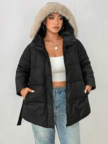 SHEIN EZwear Plus Size Women Winter Waisted  Fluffy Hooded Down& FeathersJacket - Black - View 5