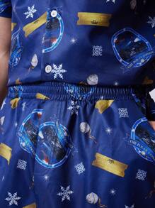 THE POLAR EXPRESS X SHEIN Men Allover Print Shirt & Pants Loungewear Sets, For Christmas - Navy Blue - View 5