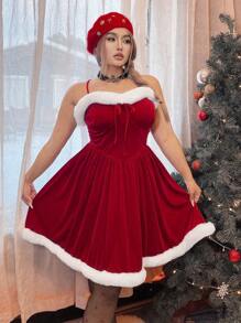 SHEIN Unity Plus Size Colorblock Fluffy Trim Slip Dress For New Year Clothes - Red - View 3