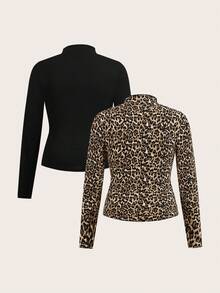 SHEIN EZwear 2 件女式罗纹豹纹 T 恤，白色，秋冬款 - 彩色 - 查看 2