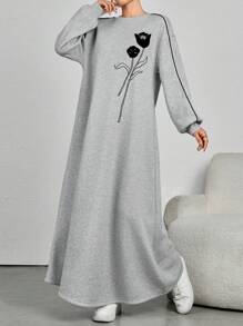 Mulvari Sukienka damska z nadrukiem kwiatowym, okrągłym dekoltem, opadającymi ramionami, długim rękawem, swobodna, w stylu arabskim, skromna