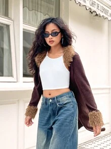 SHEIN Teen Girls Elegant Vintage Ribbed Solid Color Coat, Fitted Fluffy Collar, Suitable For Daily Wear, Jacket, Fall Season
