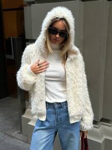 Aloruh Women Casual Chic Hooded Loose Long Sleeve Fluffy Warm Jacket
