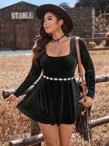 SHEIN VCAY Plus Size Casual Square Neck Long Sleeve Jumpsuit, Autumn - Black - View 7