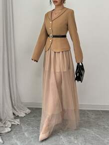 Chiquease Set de 2 piezas traje de mujer, chaqueta y falda maxi con superposición de red, para negocios, ir a trabajar, casual, maduro, otoño/invierno - Albaricoque - Ver 5