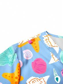 PopScrub 简约彩色贝壳印花 V 领短袖口袋护理制服上衣，带侧开衩和裤子，医疗保健手术套装 - 藍色 - 查看 5