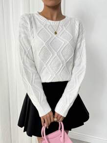 Chiquease Classic French Style Multipurpose Cable Knit Long Sleeve Pullover, Knit Pullover Fall Winter - White - View 6