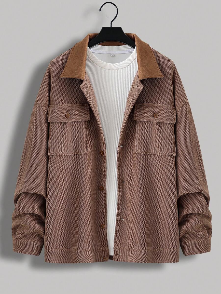 Manfinity Homme Chaqueta holgada de talla grande con botones y bolsillo con solapa para hombre, adecuada para otoño