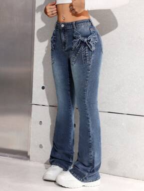 SHEIN Vintage blaue Jeans-Schlaghose mit Schleifentasche-Design für Teenager Mädchen