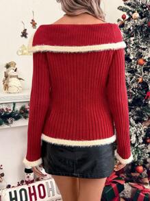 SHEIN Clasi Women Christmas Color Block Trim Asymmetrical Collar Button Front Sweater, Casual Wear For Autumn/Winter Knit Pullover Fall - Red - View 2