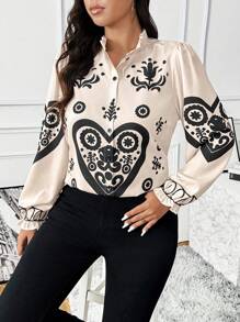 Flirla Plus Size Front Button Closure Long Sleeve Floral Print Casual Top - Apricot - View 1