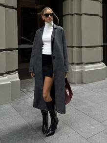 Aloruh 女式翻领长袖仿旧 PU 皮革长款风衣，深灰色，秋冬 - 深灰色 - 查看 4