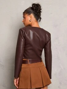 Glamine 1pc Women Casual Metal Buckle PU Leather Short Jacket, Autumn/Winter - Brown - View 2