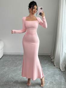 Elenzga 腰部收紧合身方领性感美人鱼连衣裙长款女装 - 粉色 - 查看 3