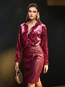 MOTF PREMIUM VELVET LAYERED RUFFLE TRIM SHIRT - Burgundy - View 7