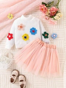 2pcs Baby Girl Autumn/Winter Casual Cute & Elegant Princess Dress With Floral Knitted Sweatshirt & Tutu Skirt Set, High Cost Effective Outfit That Can Be Paired With Other Items - Multicolor - View 1