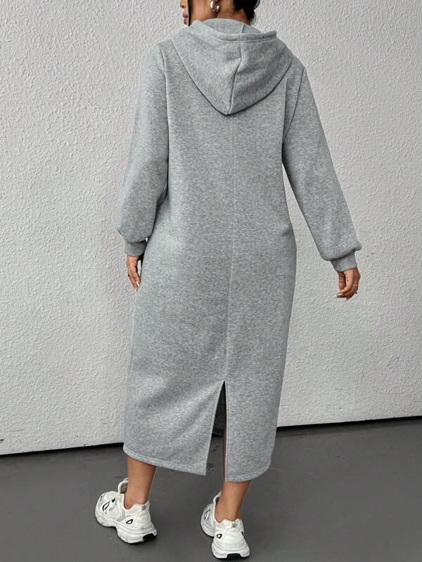 SHEIN EZwear Plus Size Femei Culoare Solidă Mânecă Lungă Cu Snur Cu Glugă Rochie Hanorac Lungă, Toamnă